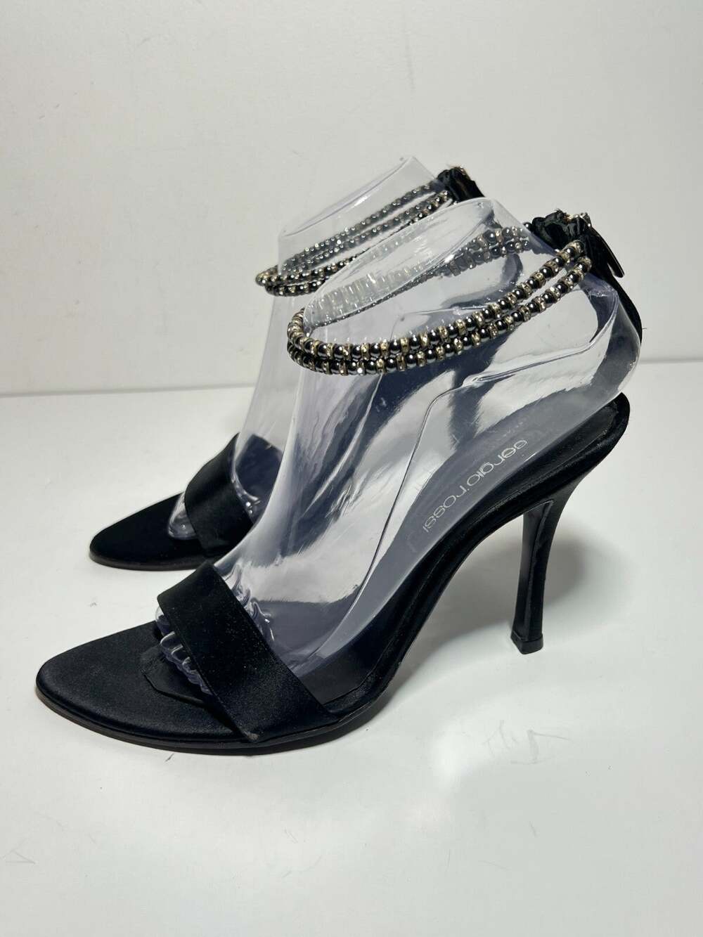 Sergio Rossi Black Satin Crystal Ankle Strap 4" Heel Sandal Shoe Pump 8.5 US